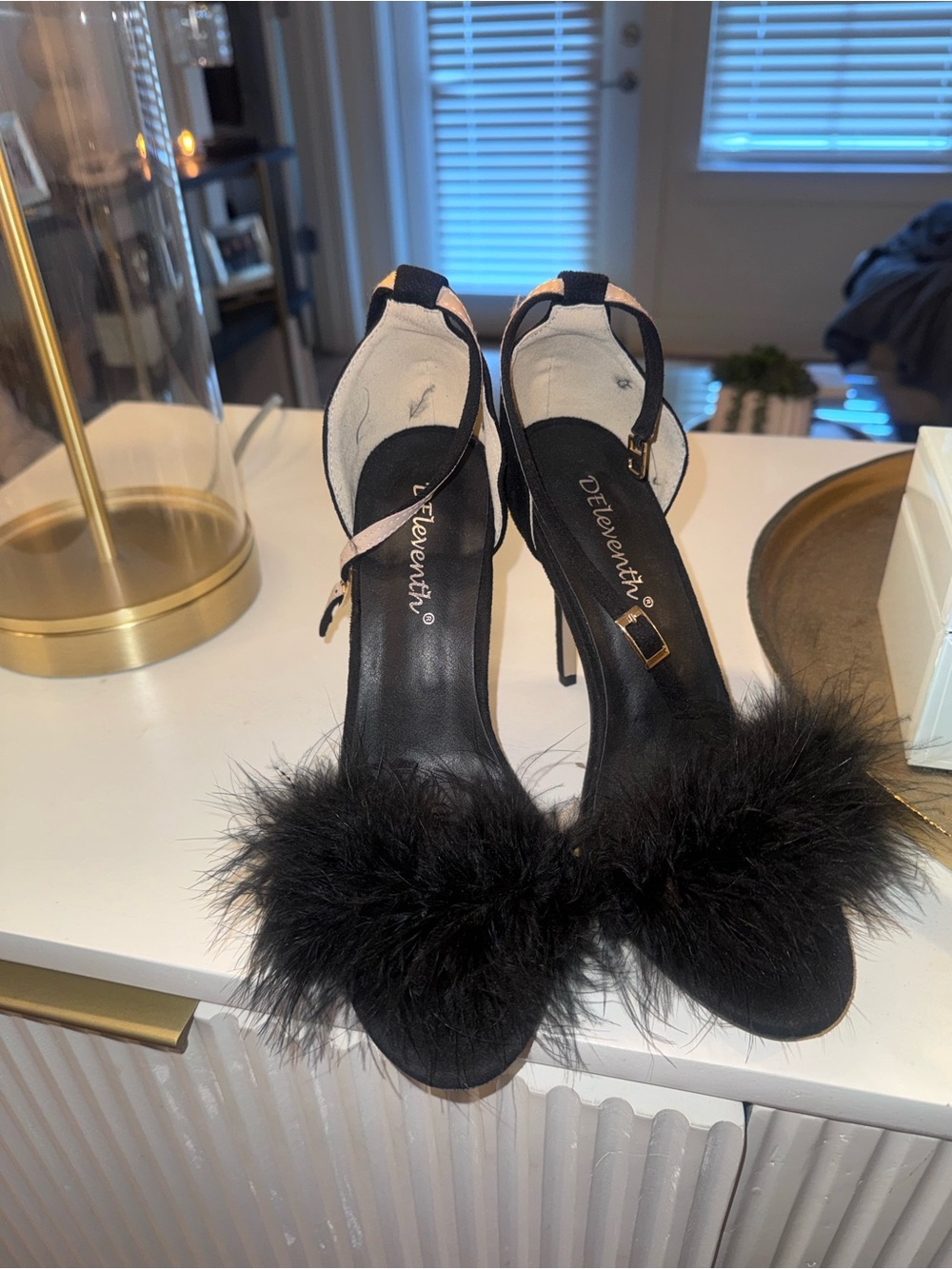 Black Feathered Open-Toe Heels for Women